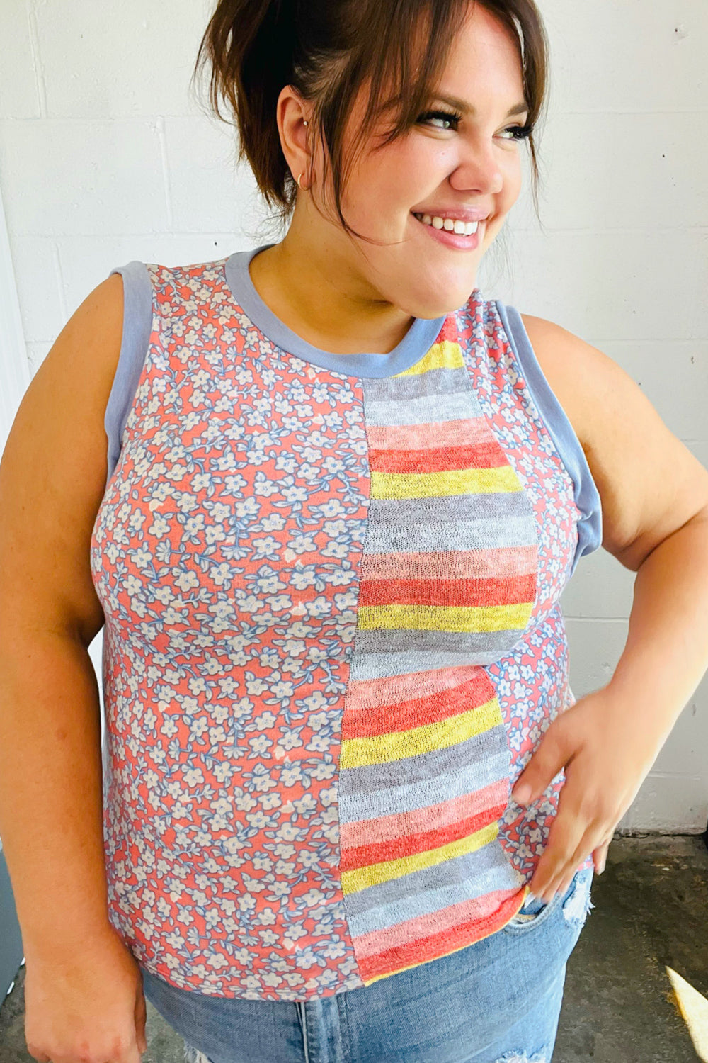Coral &amp; Denim Stripe Floral Print Tank Top | Nikki &amp; Co. Boutique