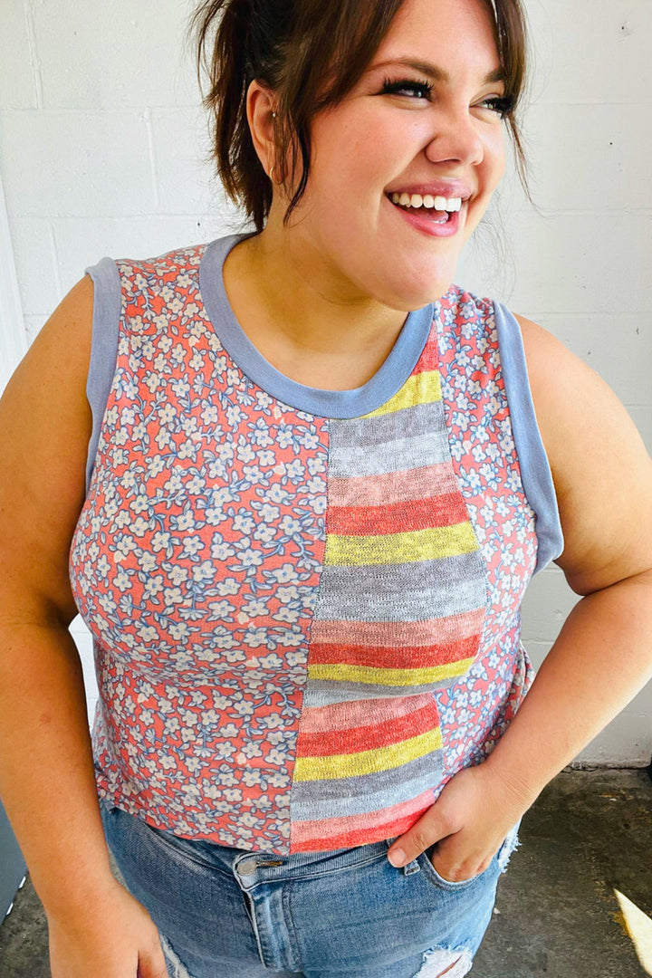 Coral &amp; Denim Stripe Floral Print Tank Top | Nikki &amp; Co. Boutique