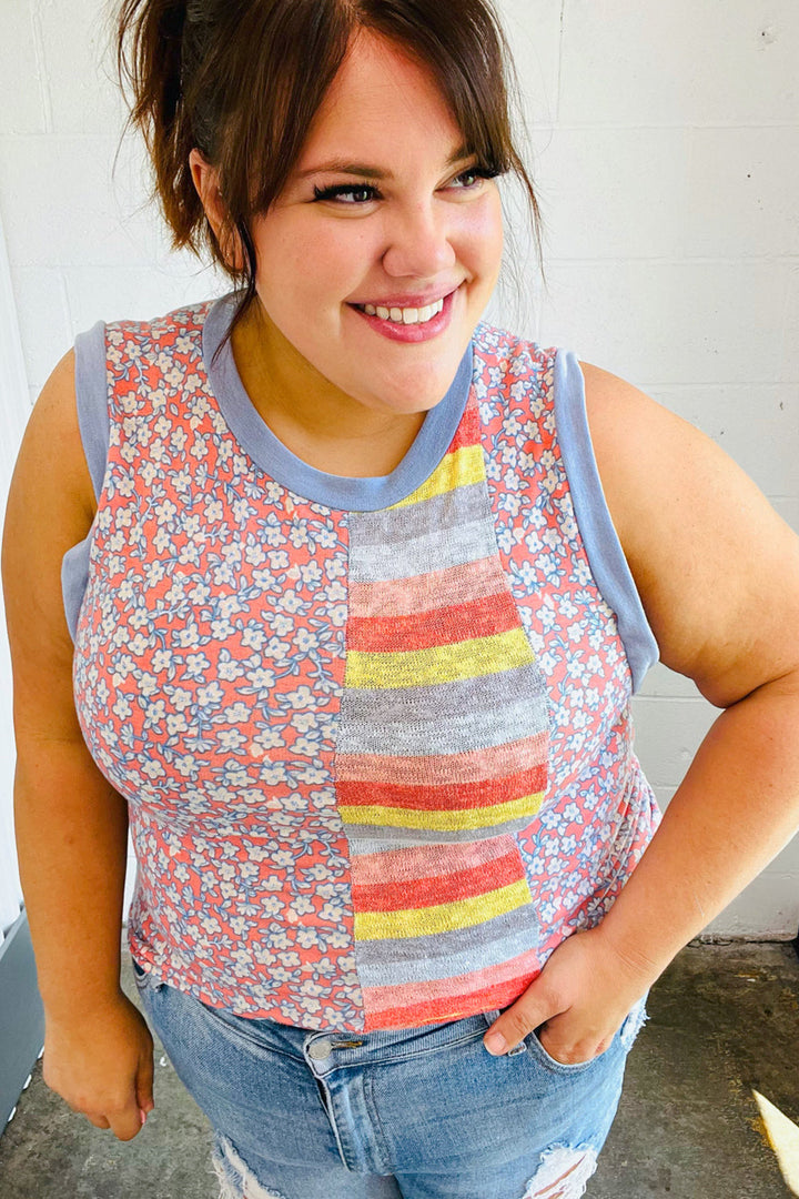 Coral &amp; Denim Stripe Floral Print Tank Top | Nikki &amp; Co. Boutique