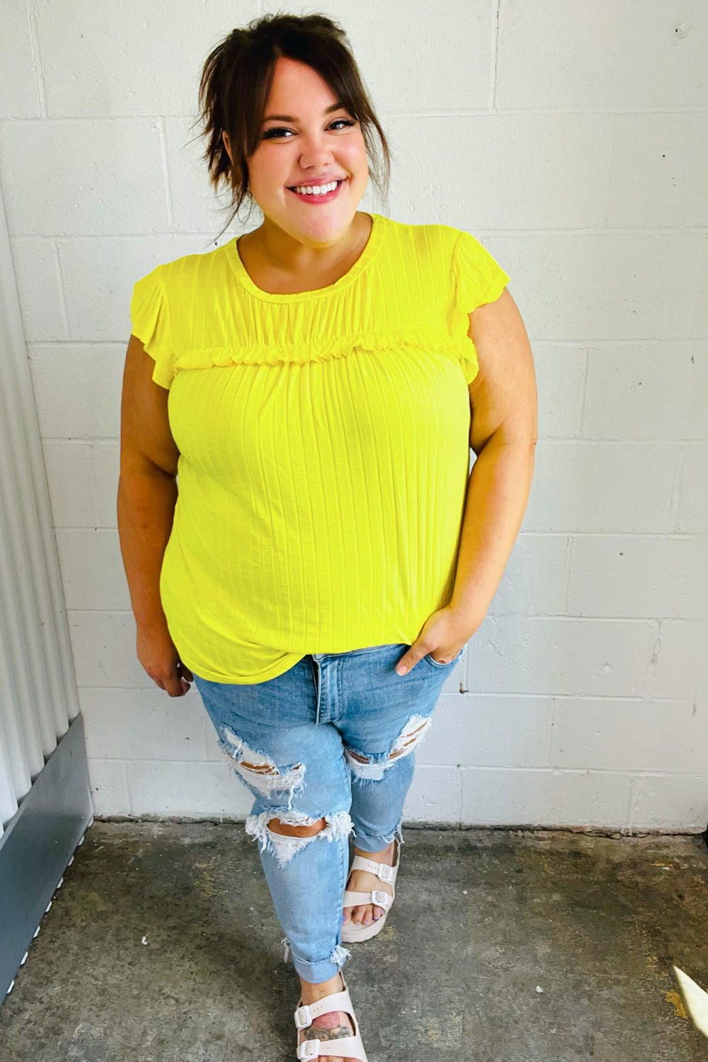 Yellow Wide Rib Frilled Shorts Sleeve Yoke Tops | Nikki &amp; Co. Boutique