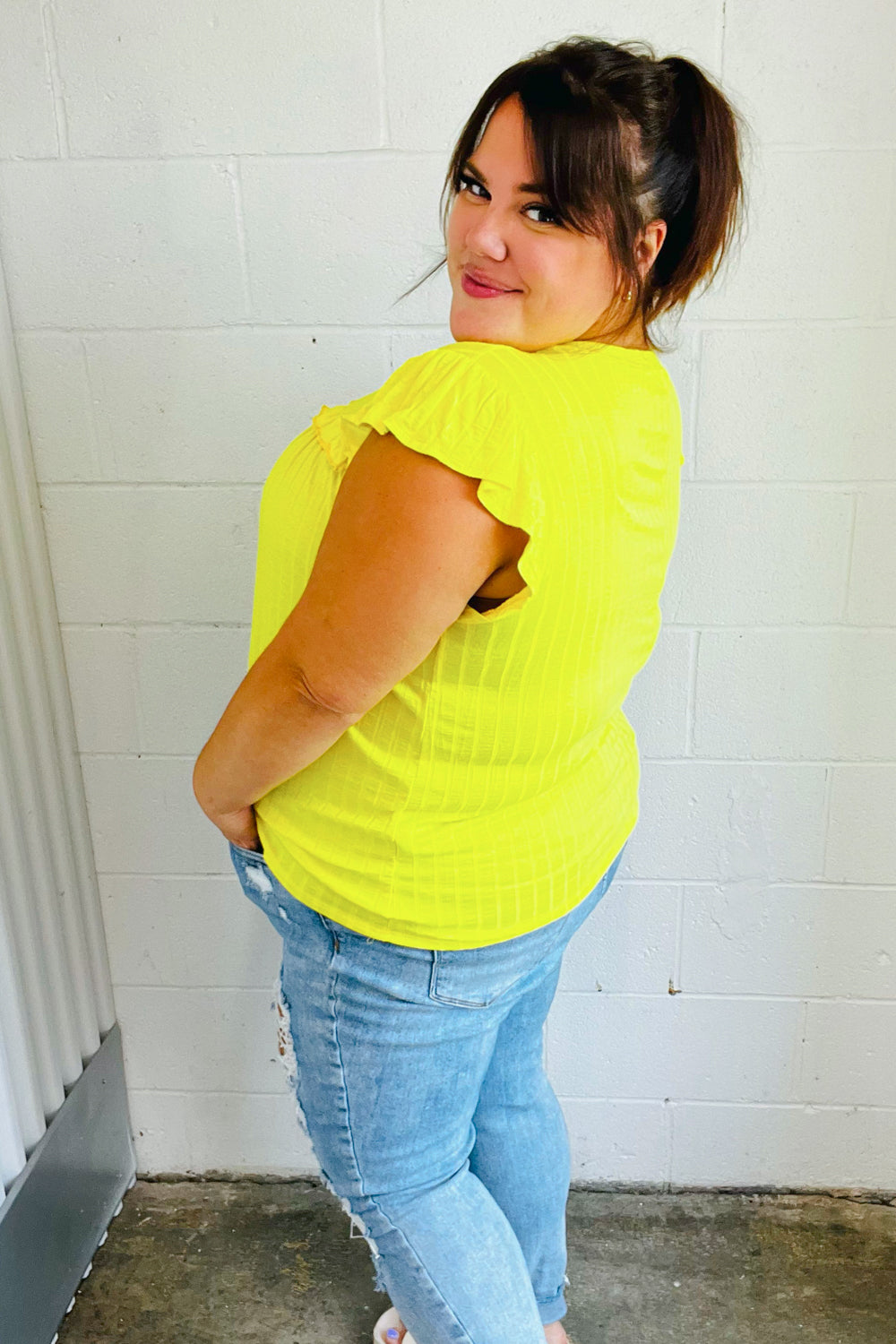 Yellow Wide Rib Frilled Shorts Sleeve Yoke Tops | Nikki &amp; Co. Boutique