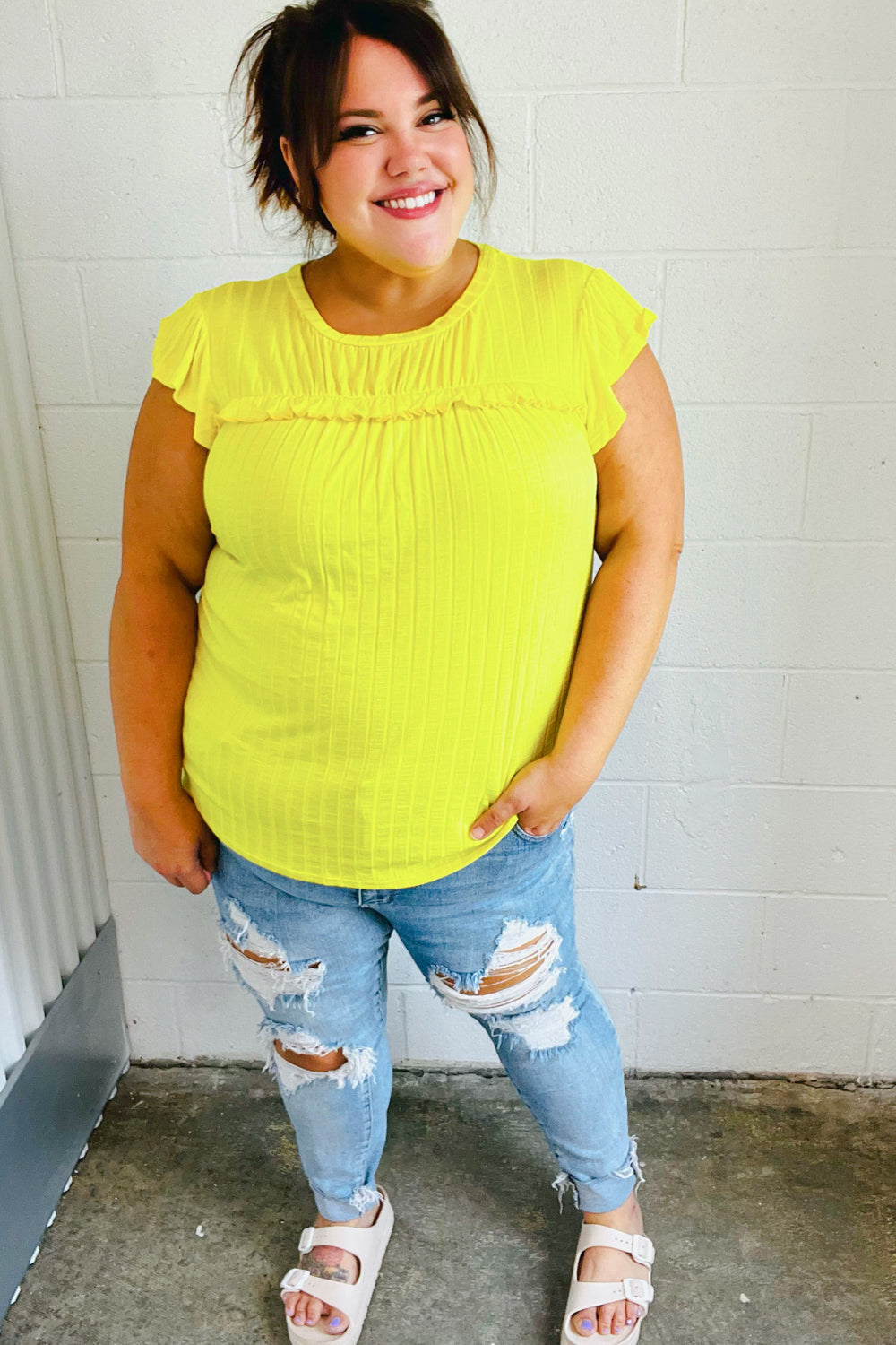 Yellow Wide Rib Frilled Shorts Sleeve Yoke Tops | Nikki &amp; Co. Boutique