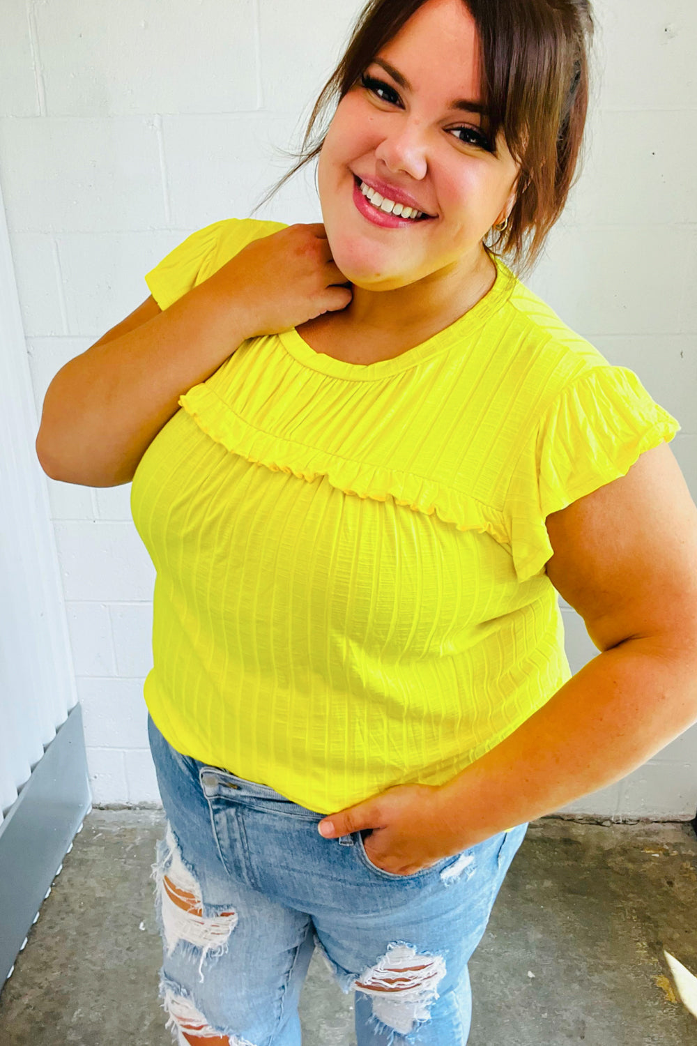 Yellow Wide Rib Frilled Shorts Sleeve Yoke Tops | Nikki &amp; Co. Boutique