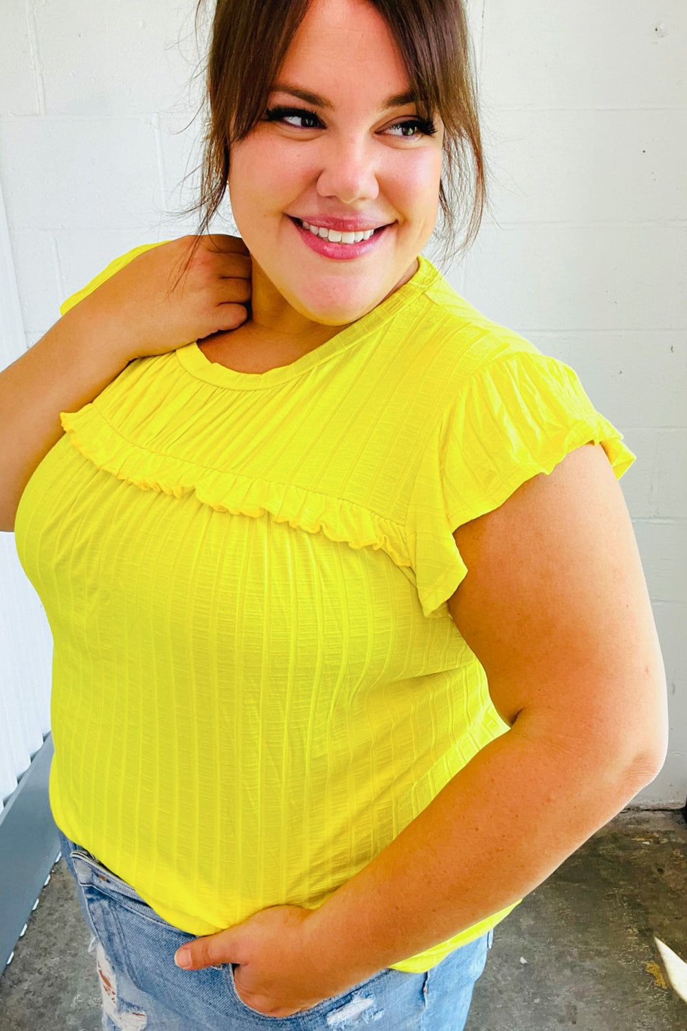 Yellow Wide Rib Frilled Shorts Sleeve Yoke Tops | Nikki &amp; Co. Boutique