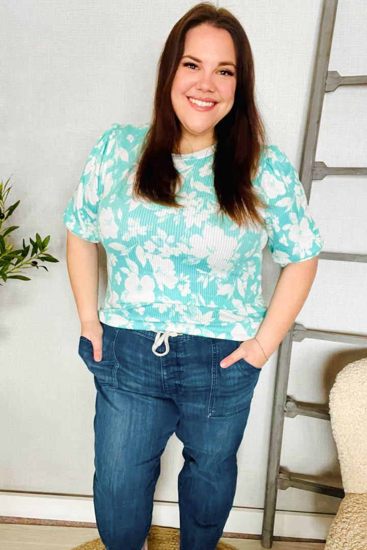 Spring Vibes Mint Wavy Rib Puff Shorts Sleeves Floral Tops - Nikki &amp; Co. Boutique