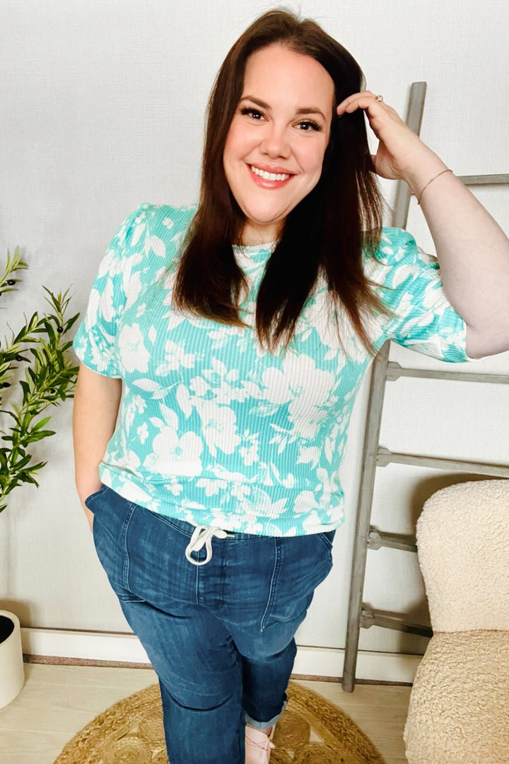 Spring Vibes Mint Wavy Rib Puff Shorts Sleeves Floral Tops - Nikki &amp; Co. Boutique