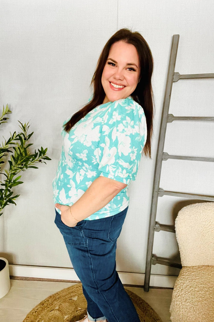 Spring Vibes Mint Wavy Rib Puff Shorts Sleeves Floral Tops - Nikki &amp; Co. Boutique