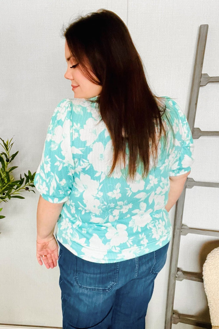 Spring Vibes Mint Wavy Rib Puff Shorts Sleeves Floral Tops - Nikki &amp; Co. Boutique