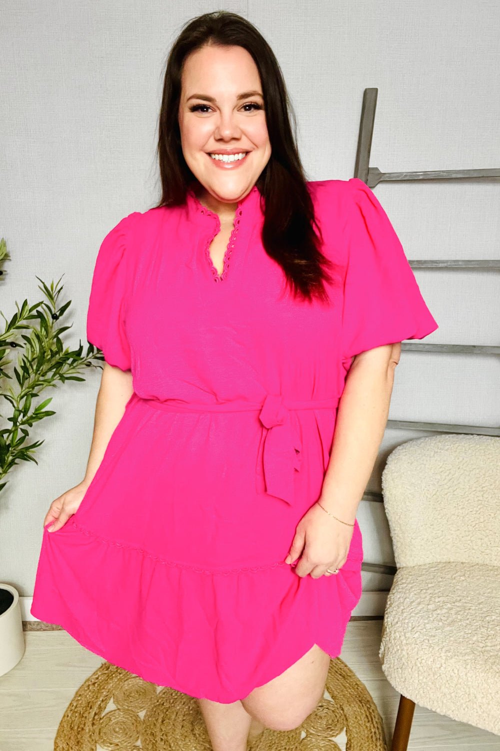 Star Struck Fuchsia Notched Neck Balloon Sleeve Sash Belt Mini Dress - Nikki &amp; Co. Boutique