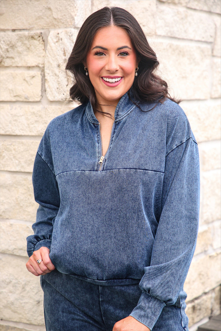 Refined Denim Quarter Zip Pullover - Light Wash (Pre-order)