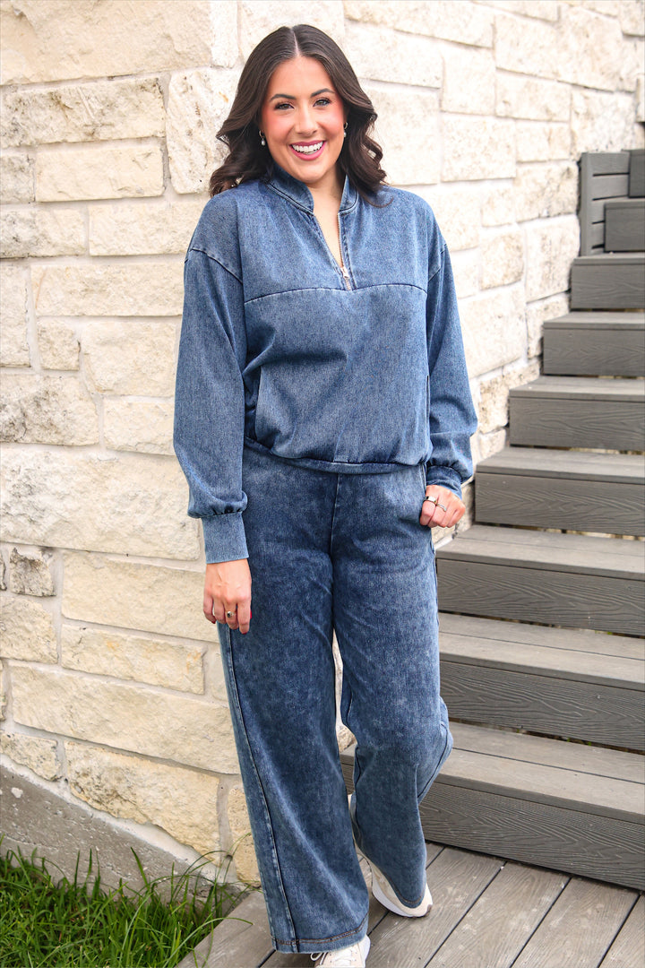 Refined Denim Quarter Zip Pullover - Light Wash (Pre-order)
