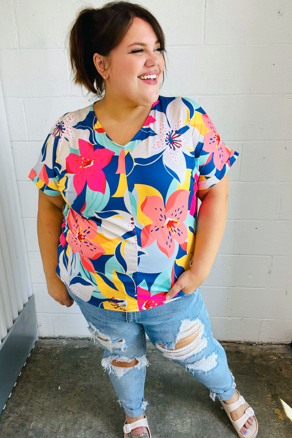 Navy &amp; Yellow Tropical Floral V Neck Tops | Nikki &amp; Co. Boutique