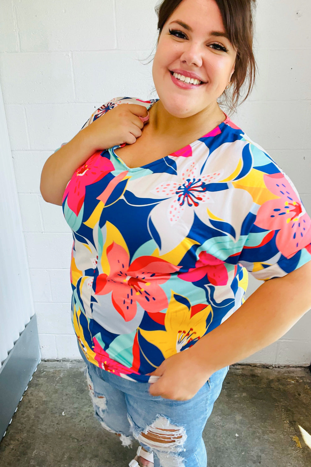 Navy &amp; Yellow Tropical Floral V Neck Tops | Nikki &amp; Co. Boutique