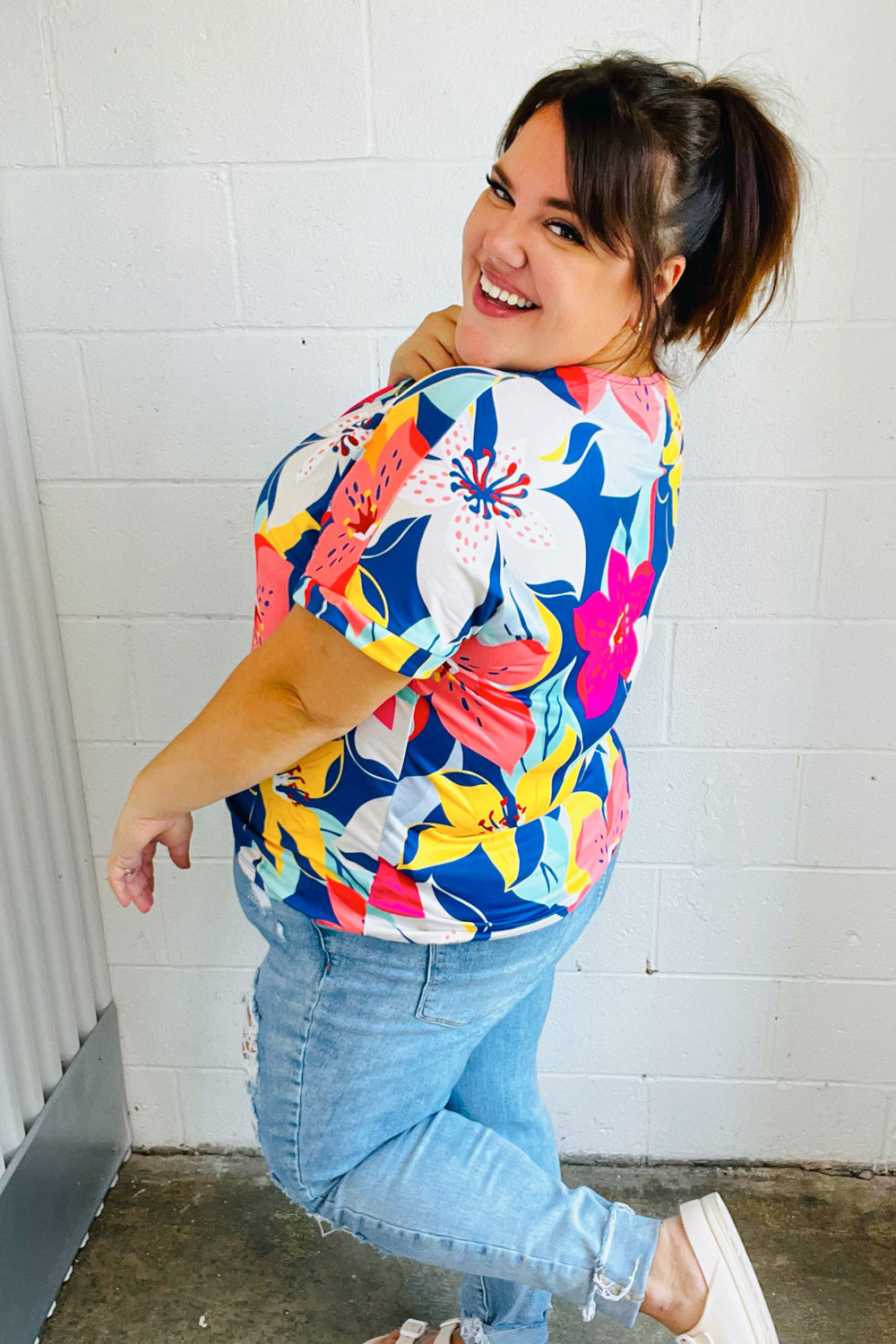 Navy &amp; Yellow Tropical Floral V Neck Tops | Nikki &amp; Co. Boutique