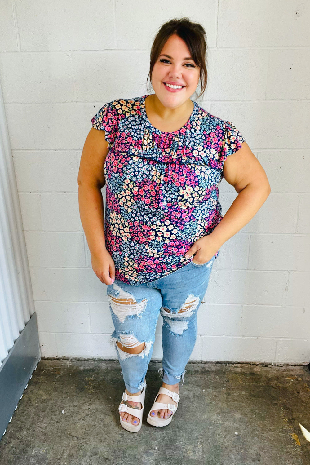 Navy Floral Print Frilled Shorts Sleeve Yoke Tops | Nikki &amp; Co. Boutique