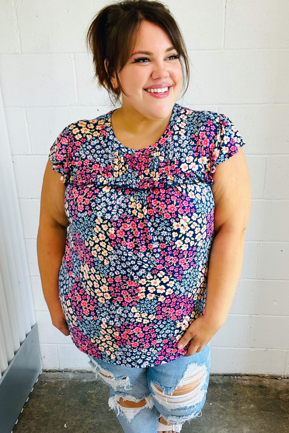 Navy Floral Print Frilled Shorts Sleeve Yoke Tops | Nikki &amp; Co. Boutique