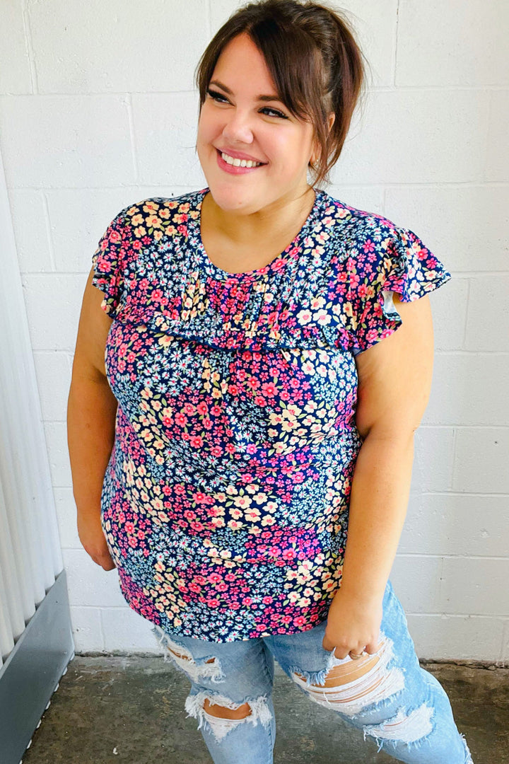 Navy Floral Print Frilled Shorts Sleeve Yoke Tops | Nikki &amp; Co. Boutique