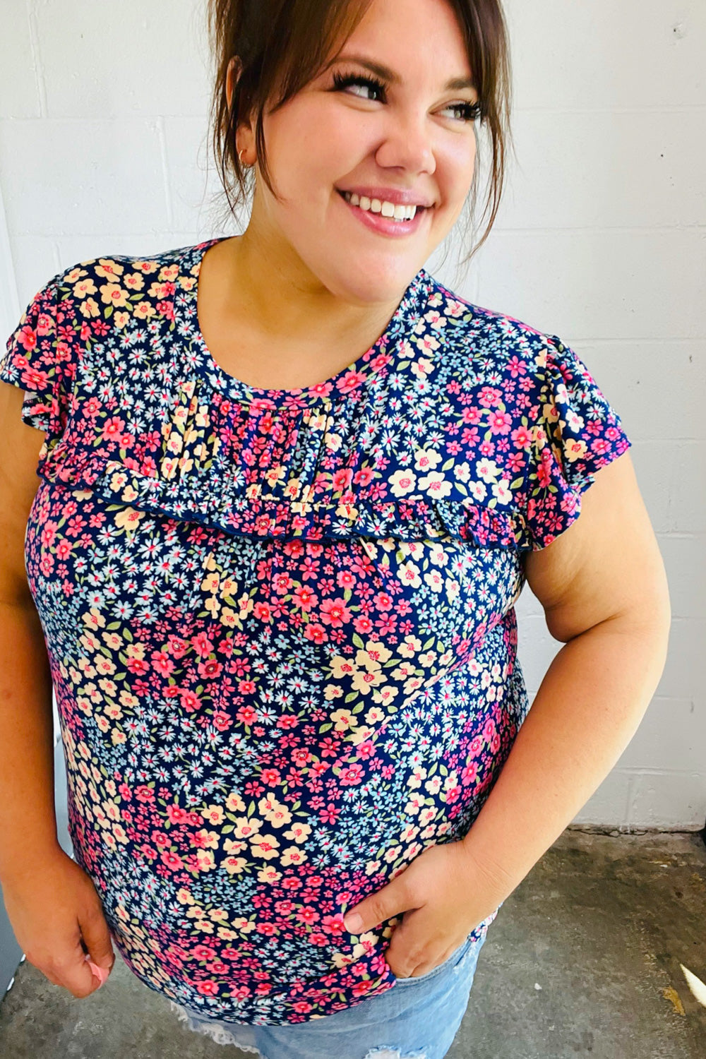 Navy Floral Print Frilled Shorts Sleeve Yoke Tops | Nikki &amp; Co. Boutique