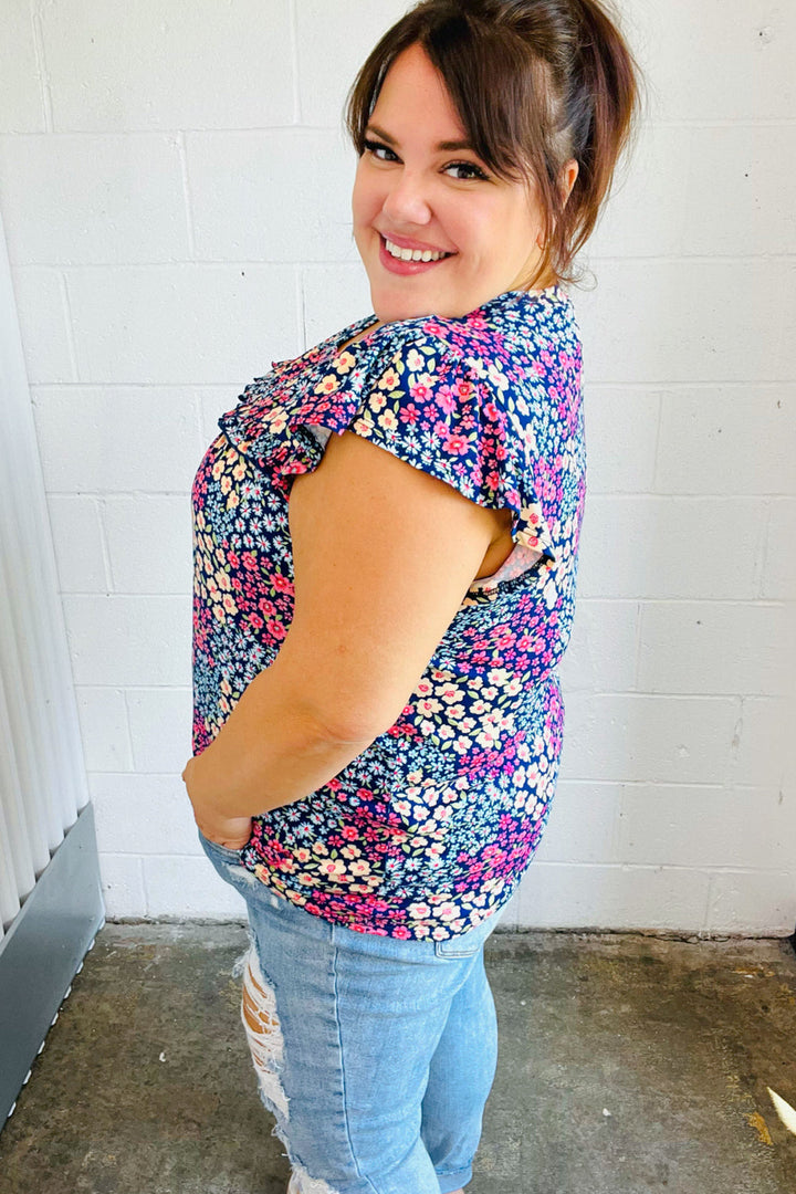 Navy Floral Print Frilled Shorts Sleeve Yoke Tops | Nikki &amp; Co. Boutique