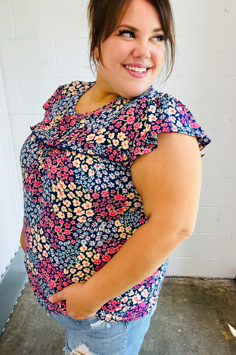 Navy Floral Print Frilled Shorts Sleeve Yoke Tops | Nikki &amp; Co. Boutique