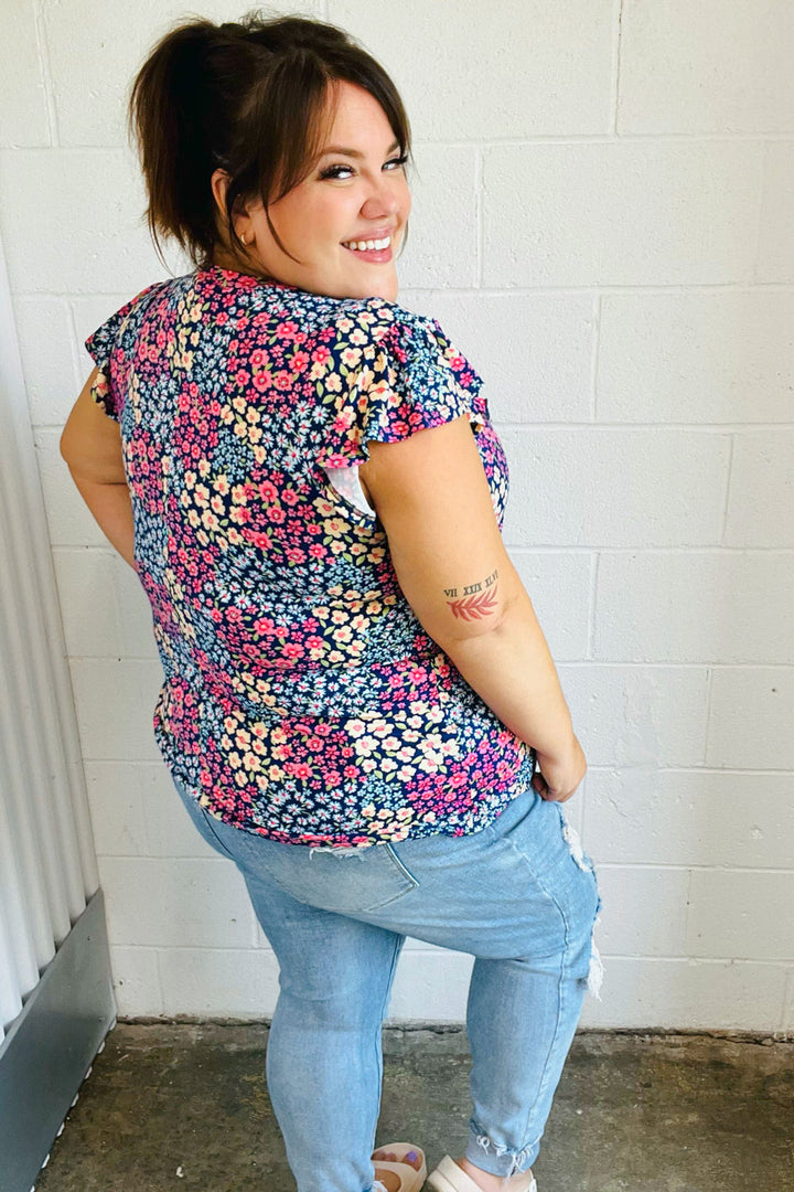 Navy Floral Print Frilled Shorts Sleeve Yoke Tops | Nikki &amp; Co. Boutique