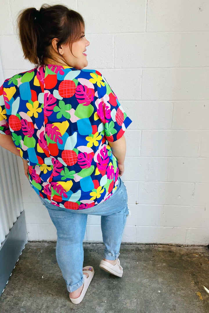 Time For Sun Navy Multicolor Tropical Print V Neck Tops | Nikki &amp; Co. Boutique