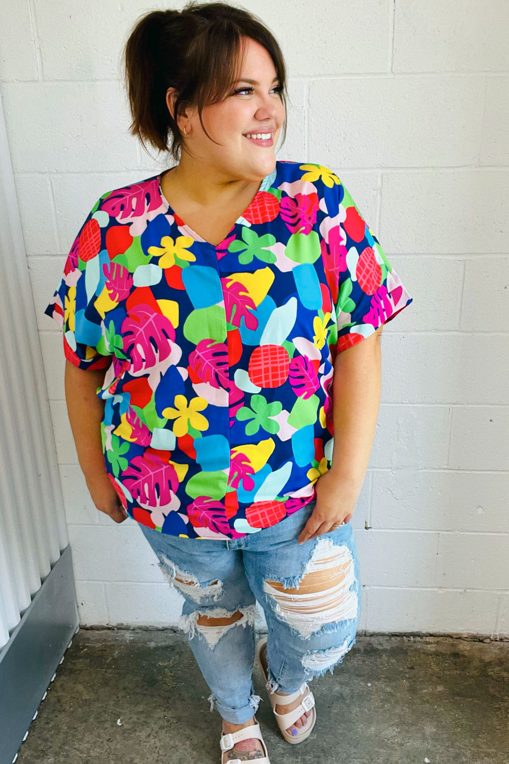 Time For Sun Navy Multicolor Tropical Print V Neck Tops | Nikki &amp; Co. Boutique