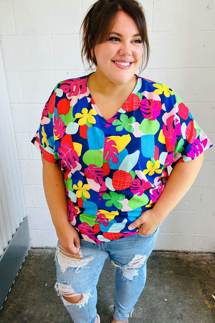 Time For Sun Navy Multicolor Tropical Print V Neck Tops | Nikki &amp; Co. Boutique
