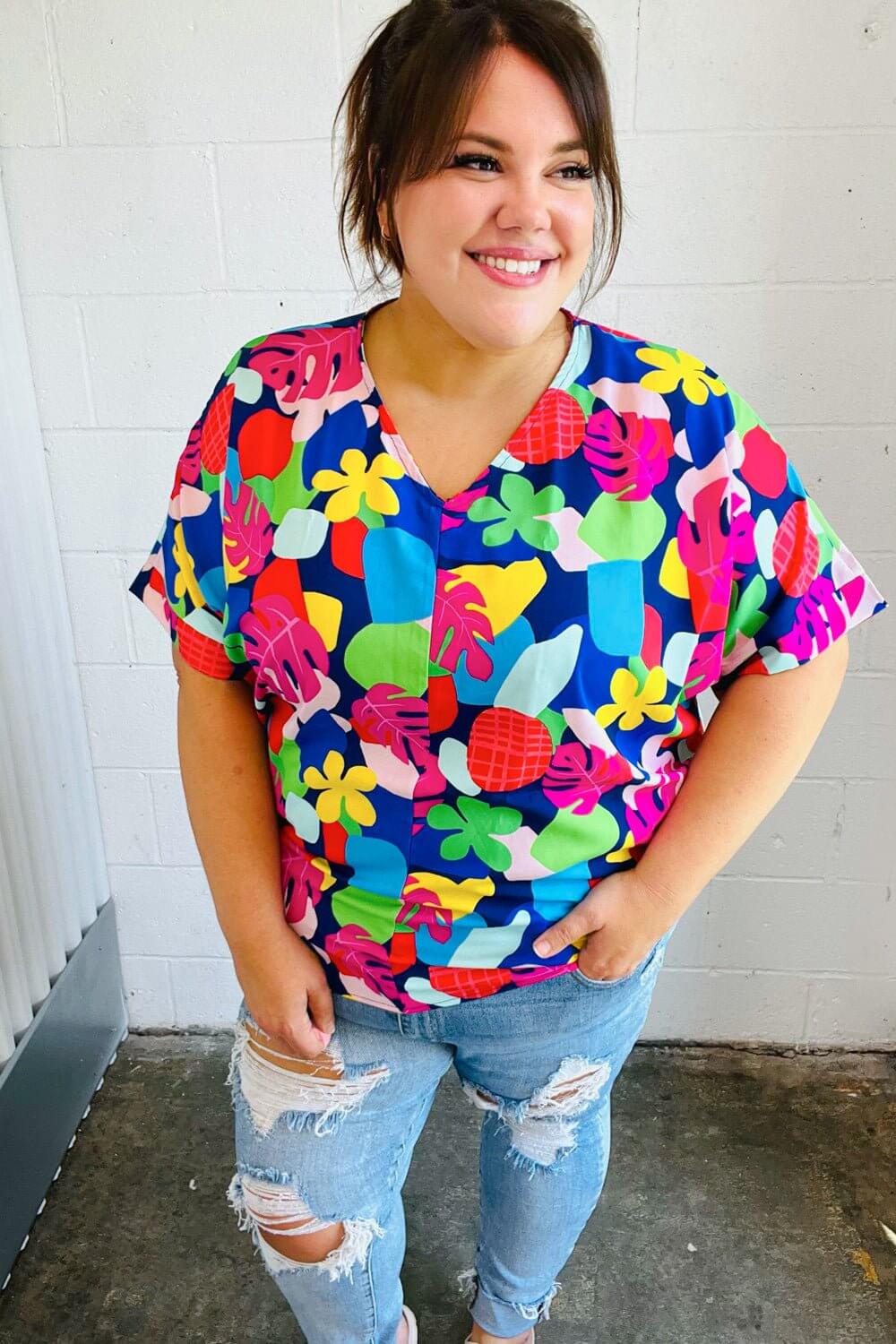 Time For Sun Navy Multicolor Tropical Print V Neck Top - Nikki &amp; Co. Boutique