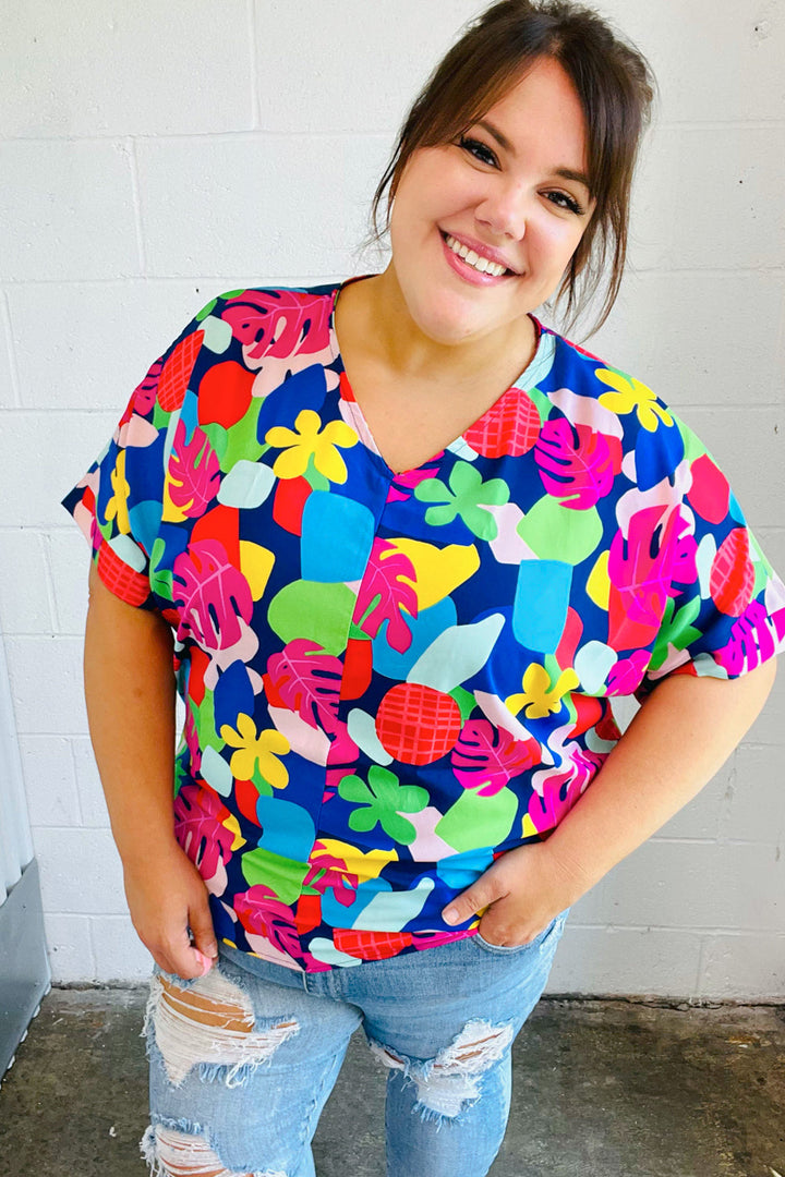 Time For Sun Navy Multicolor Tropical Print V Neck Tops | Nikki &amp; Co. Boutique