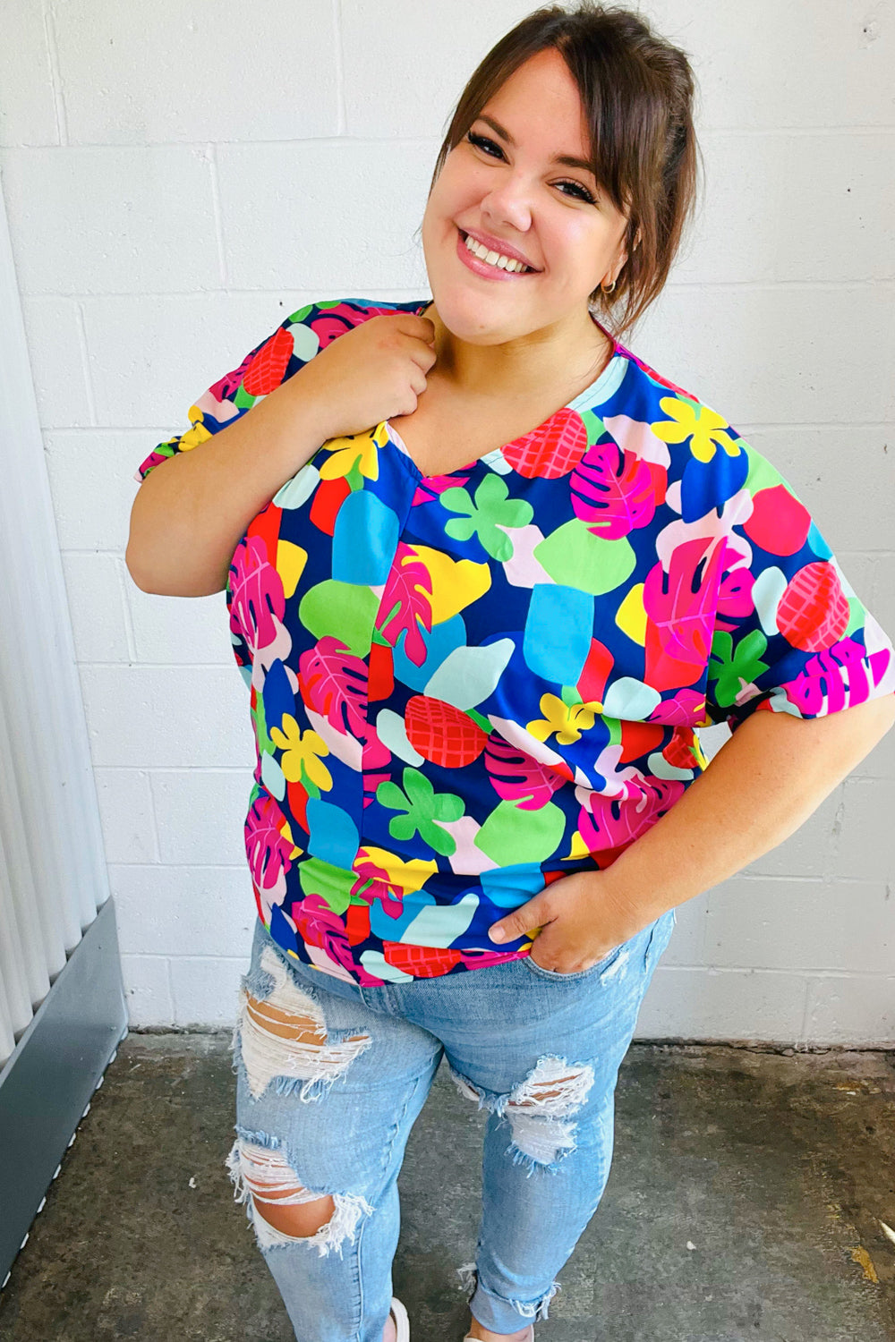 Time For Sun Navy Multicolor Tropical Print V Neck Tops | Nikki &amp; Co. Boutique