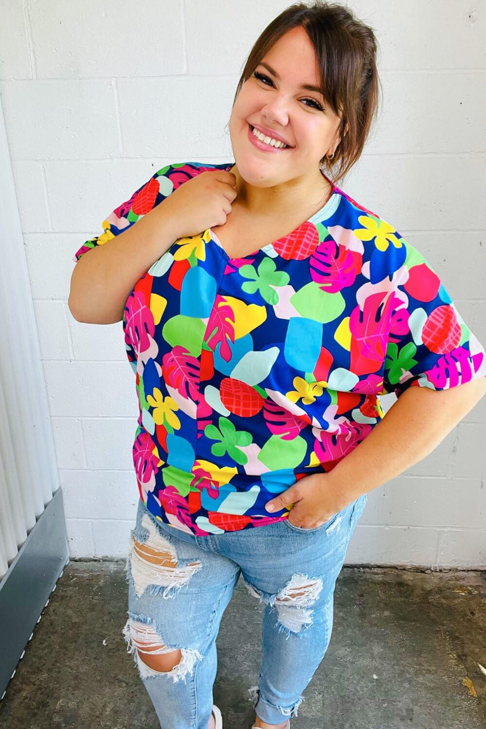Time For Sun Navy Multicolor Tropical Print V Neck Top - Nikki &amp; Co. Boutique