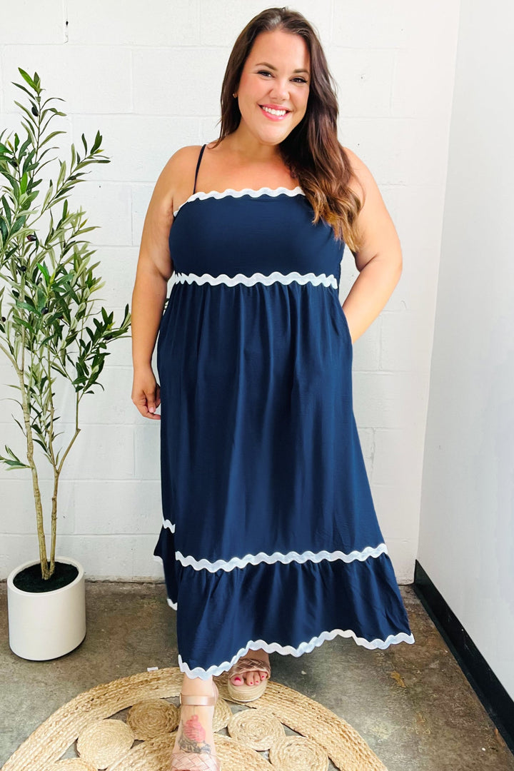 Bold &amp; Sassy Navy Square Neck Ric Rac Trim Adjustable Straps Maxi | Nikki &amp; Co. Boutique
