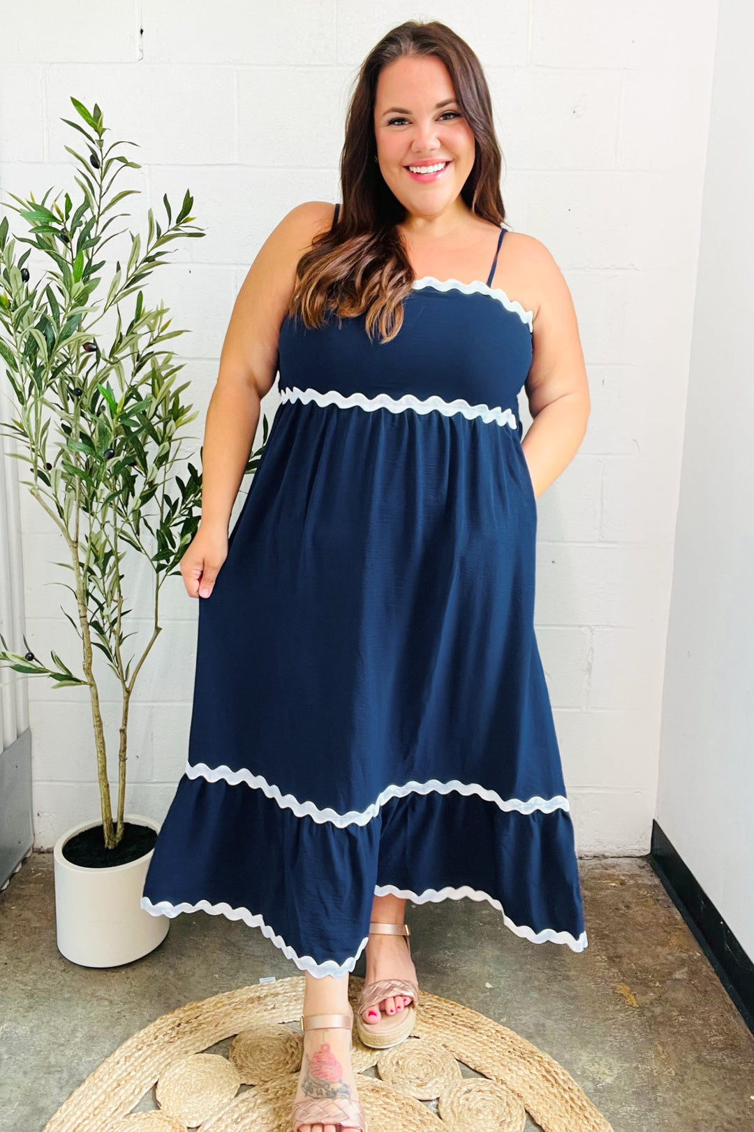 Bold &amp; Sassy Navy Square Neck Ric Rac Trim Adjustable Straps Maxi | Nikki &amp; Co. Boutique