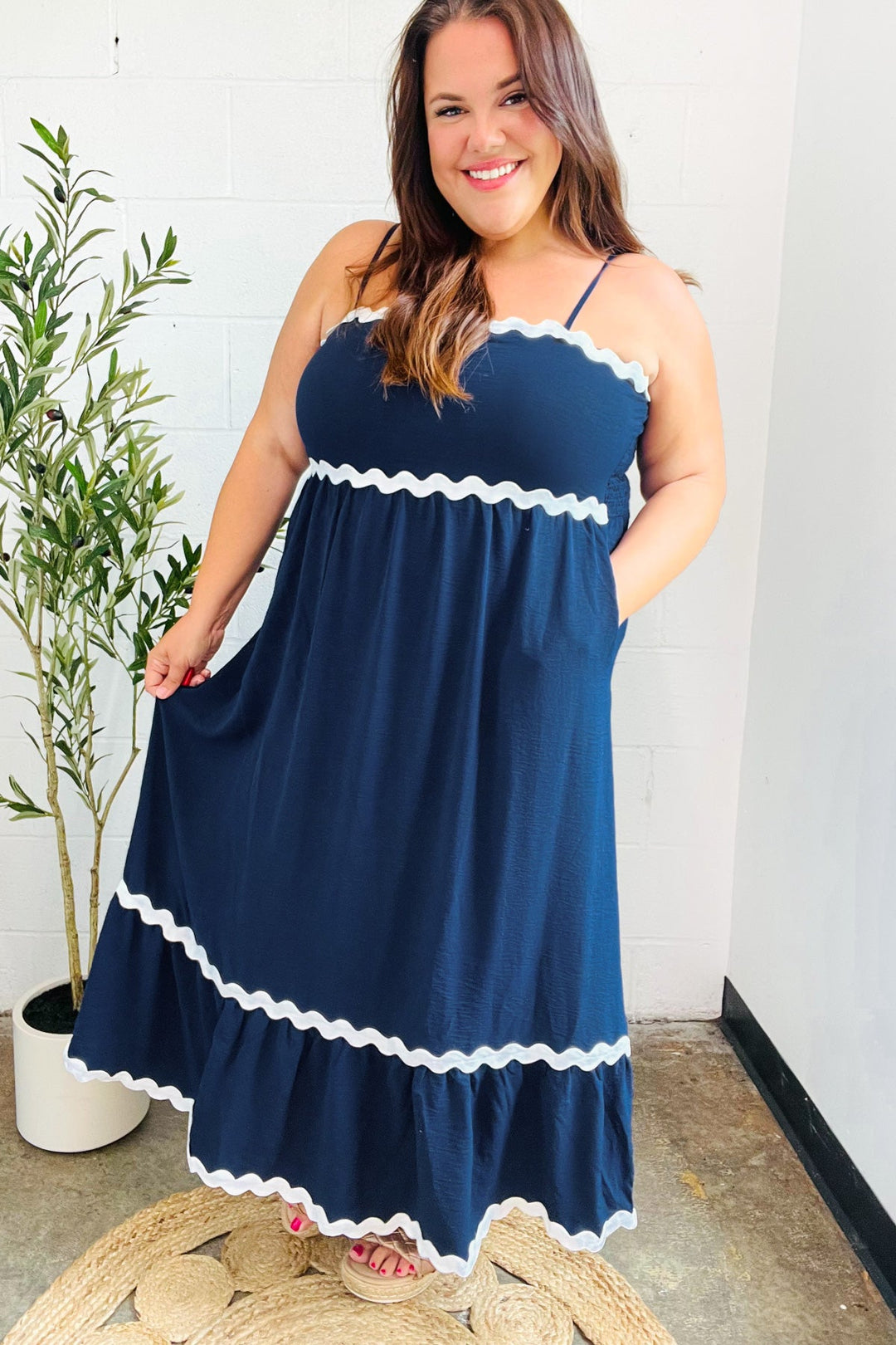 Bold &amp; Sassy Navy Square Neck Ric Rac Trim Adjustable Straps Maxi | Nikki &amp; Co. Boutique