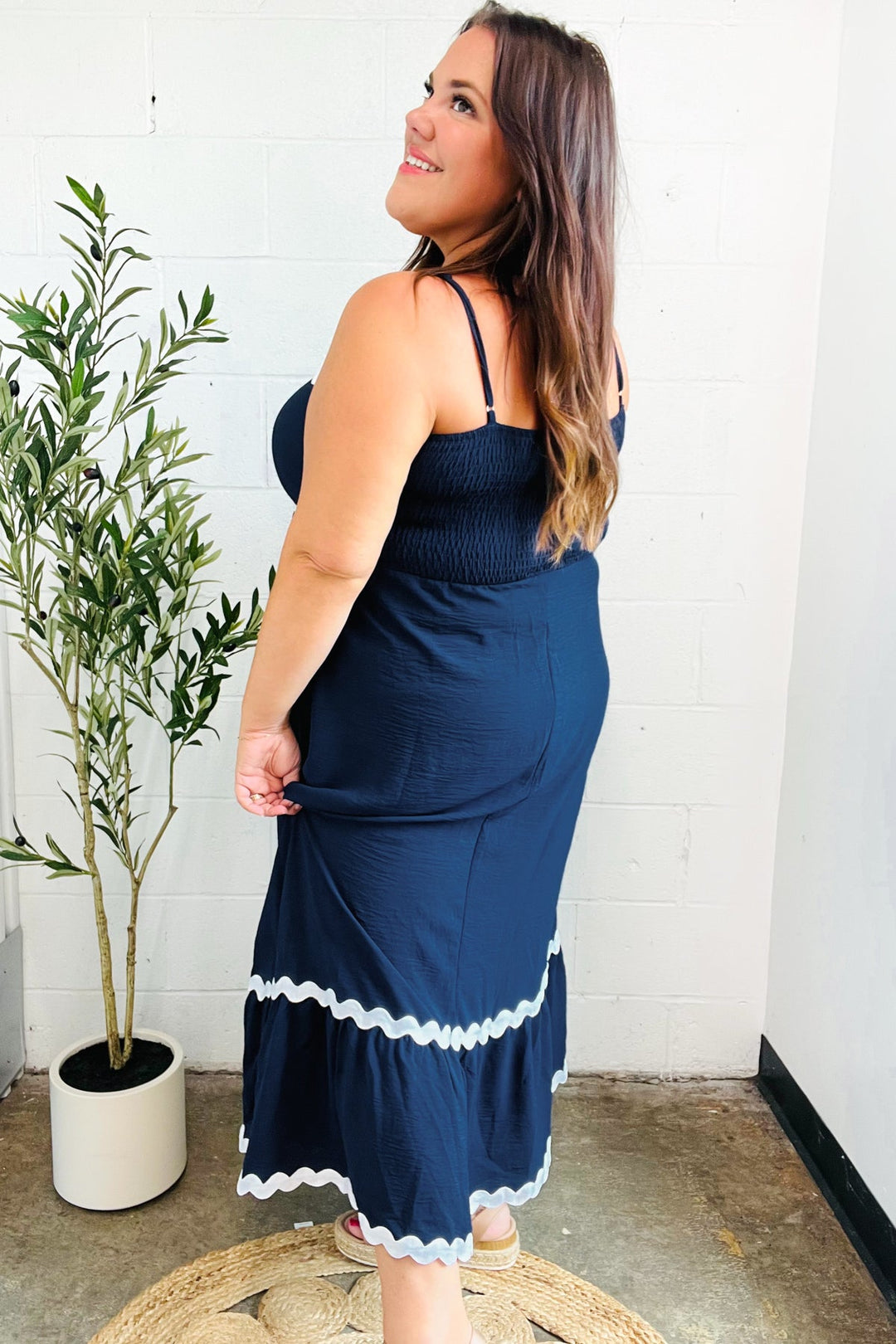 Bold &amp; Sassy Navy Square Neck Ric Rac Trim Adjustable Straps Maxi | Nikki &amp; Co. Boutique