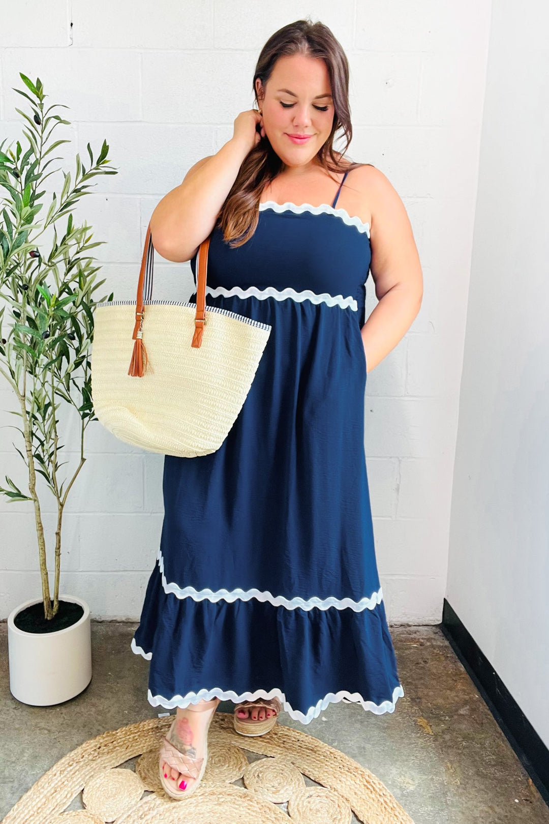 Bold &amp; Sassy Navy Square Neck Ric Rac Trim Adjustable Straps Maxi | Nikki &amp; Co. Boutique