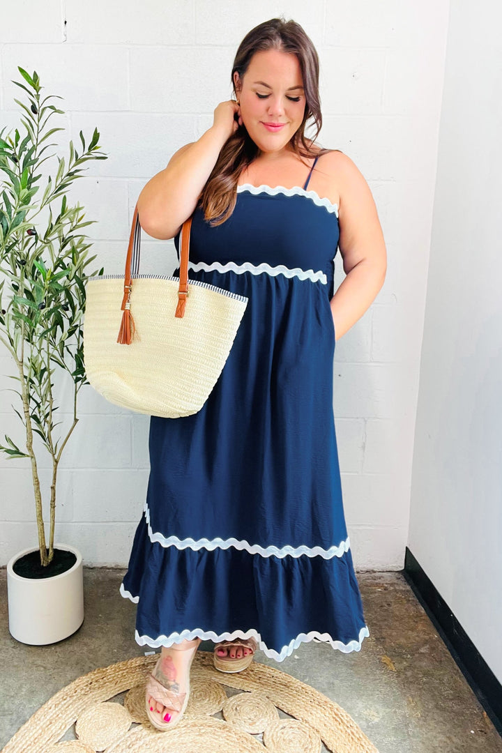 Bold &amp; Sassy Navy Square Neck Ric Rac Trim Adjustable Straps Maxi | Nikki &amp; Co. Boutique