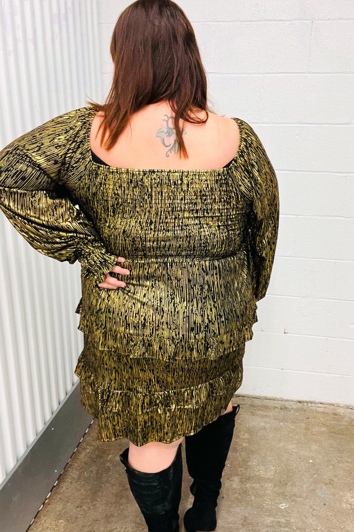 Dazzling Black Gold Foiled Smocked Fit &amp; Flare Dress | Nikki &amp; Co. Boutique