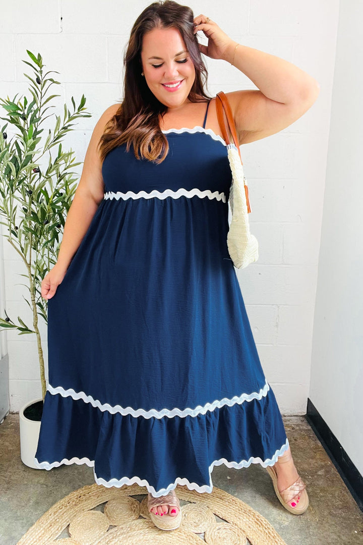 Bold &amp; Sassy Navy Square Neck Ric Rac Trim Adjustable Straps Maxi | Nikki &amp; Co. Boutique