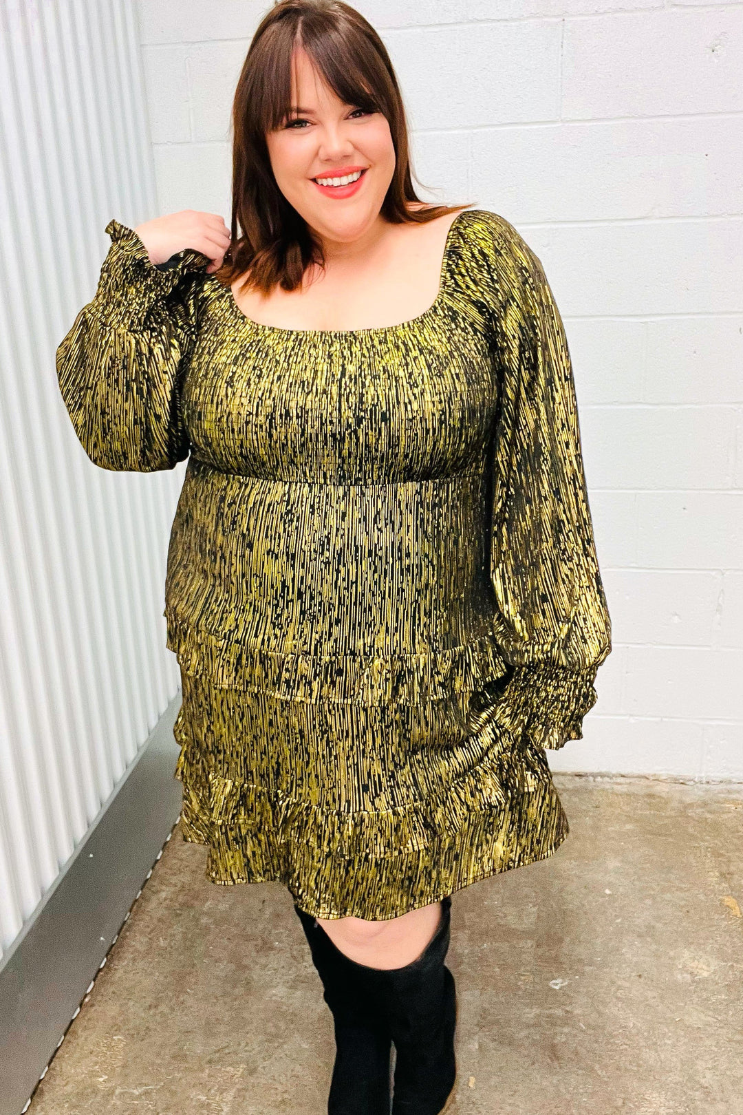 Dazzling Black Gold Foiled Smocked Fit &amp; Flare Dress | Nikki &amp; Co. Boutique
