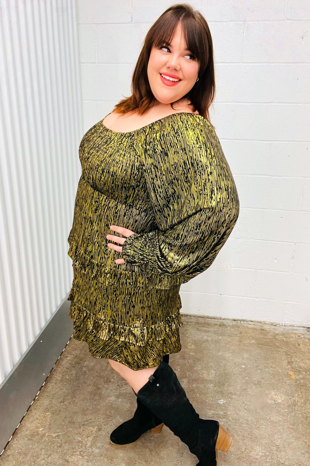 Dazzling Black Gold Foiled Smocked Fit &amp; Flare Dress | Nikki &amp; Co. Boutique