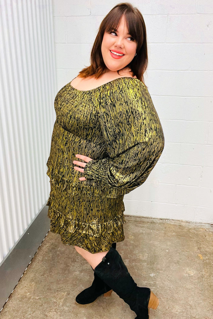 Dazzling Black Gold Foiled Smocked Fit &amp; Flare Dress | Nikki &amp; Co. Boutique