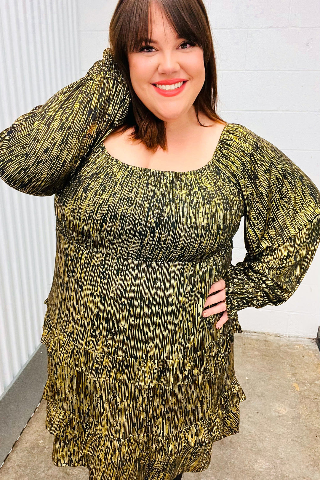 Dazzling Black Gold Foiled Smocked Fit &amp; Flare Dress | Nikki &amp; Co. Boutique