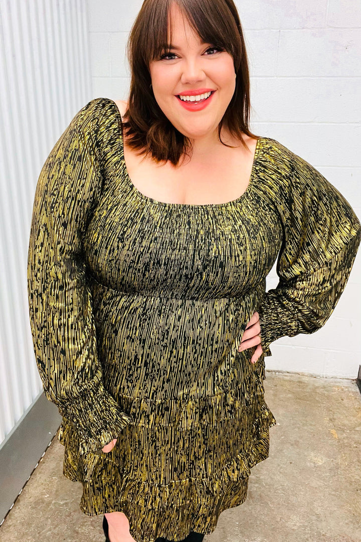 Dazzling Black Gold Foiled Smocked Fit &amp; Flare Dress | Nikki &amp; Co. Boutique
