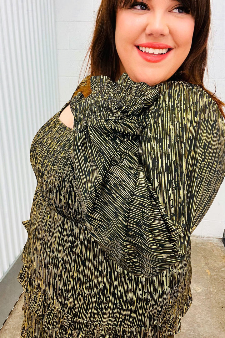 Dazzling Black Gold Foiled Smocked Fit &amp; Flare Dress | Nikki &amp; Co. Boutique