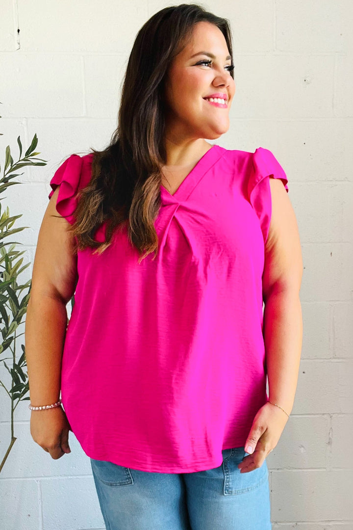 Summer Days Fuchsia Banded V Neck Flutter Sleeve Tops | Nikki &amp; Co. Boutique