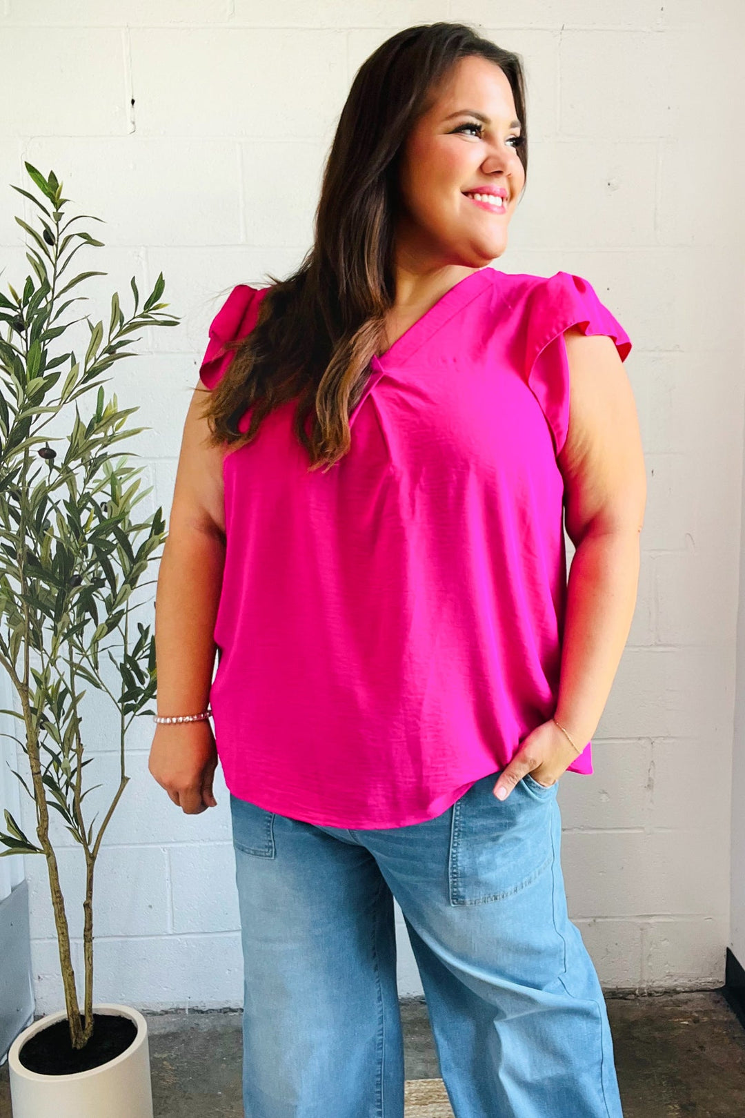 Summer Days Fuchsia Banded V Neck Flutter Sleeve Tops