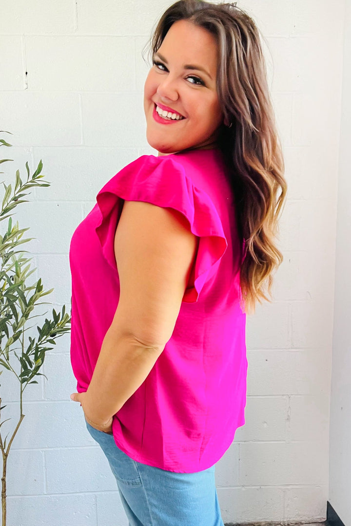 Summer Days Fuchsia Banded V Neck Flutter Sleeve Tops