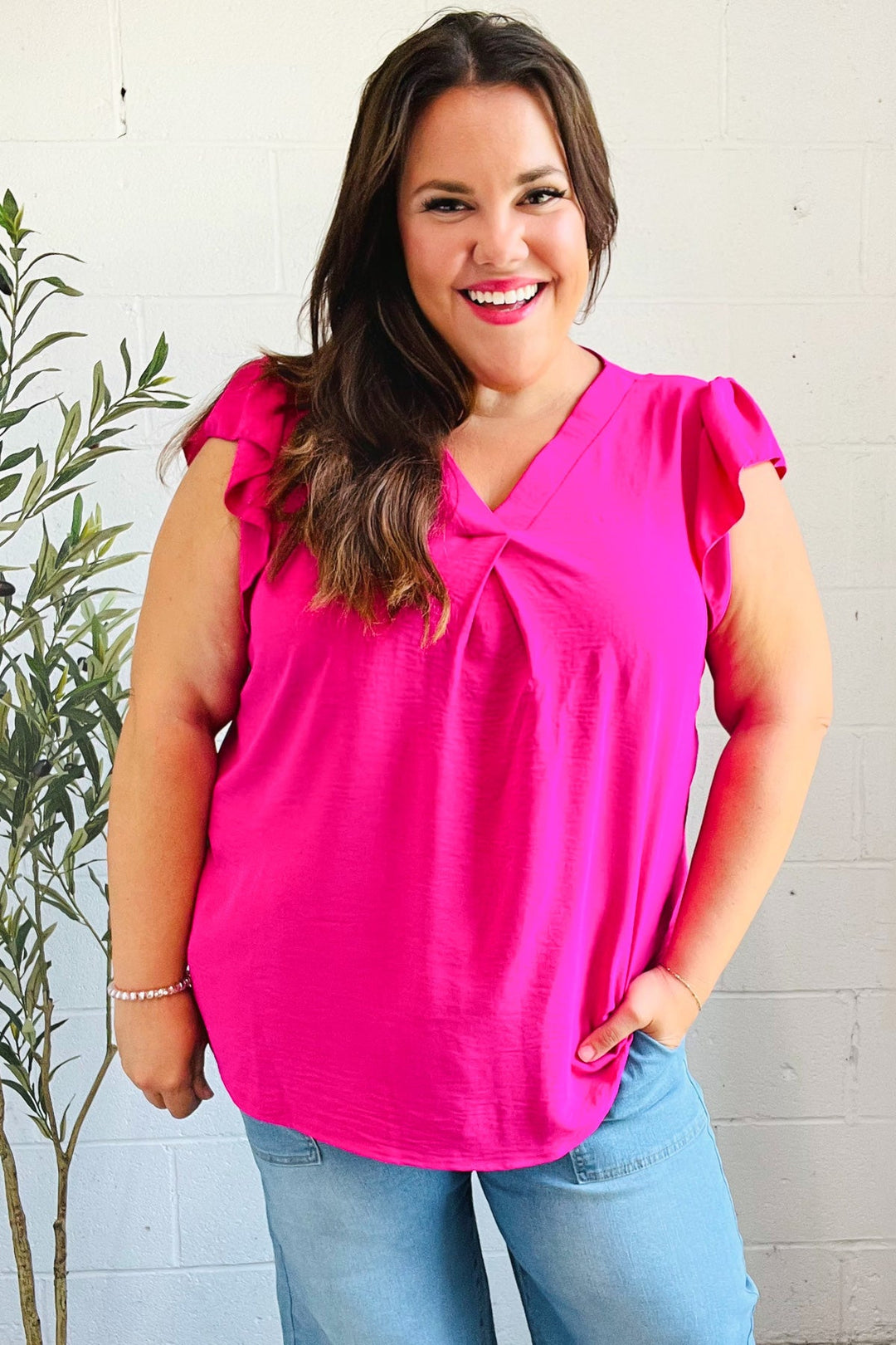 Summer Days Fuchsia Banded V Neck Flutter Sleeve Tops | Nikki &amp; Co. Boutique